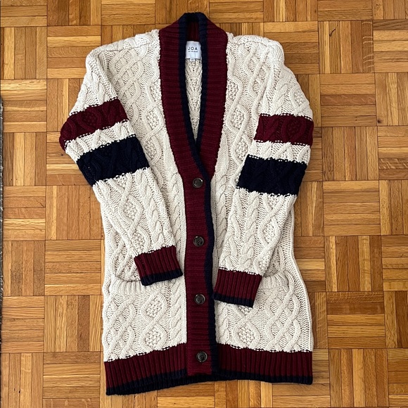 J.O.A. Cream and Burgundy Cable Knit Cardigan - Picture 1 of 4
